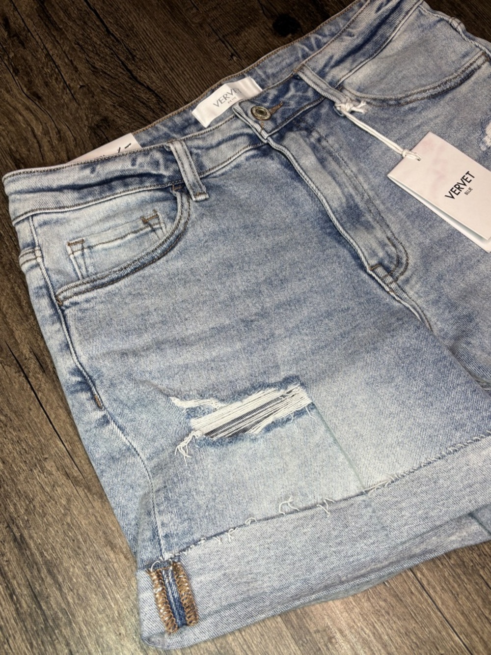 VERVET Blue Rebecca Light Blue Distressed Rolled Hem High Rise Denim Shorts - Picture 4 of 13
